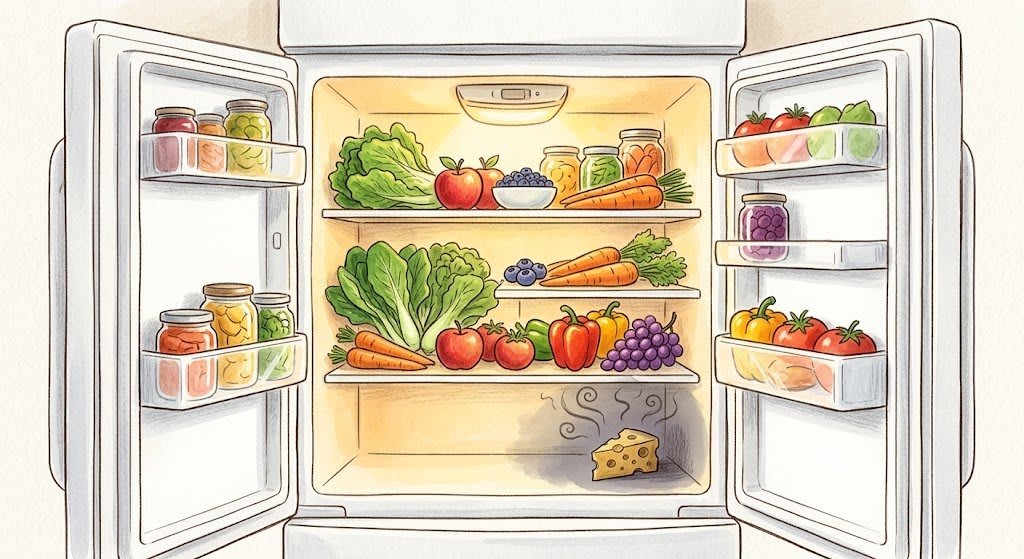 An illustration representing understanding shame in therapy with a clean interior filled with lavender and a fading piece of stinky cheese in the corner.